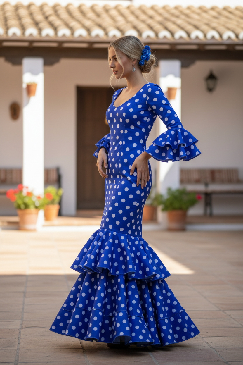 Taille 34. Robes de flamenco Modèle Lola. Azulón Lunar Blanco