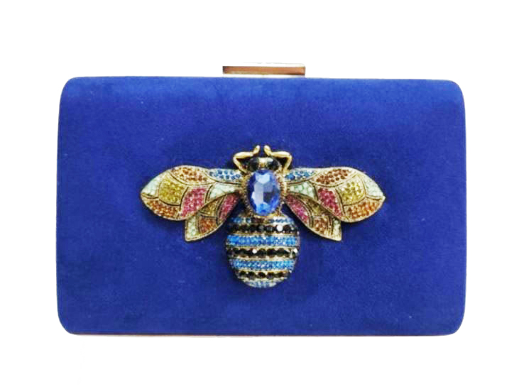Clutch Azulón con Pedrería de Abeja y Cadena Dorada para Invitadas