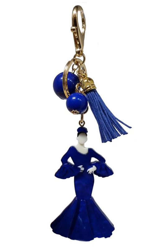 Llavero Flamenca Azulón en Metacrilato con Flecos y Bolas Decorativas