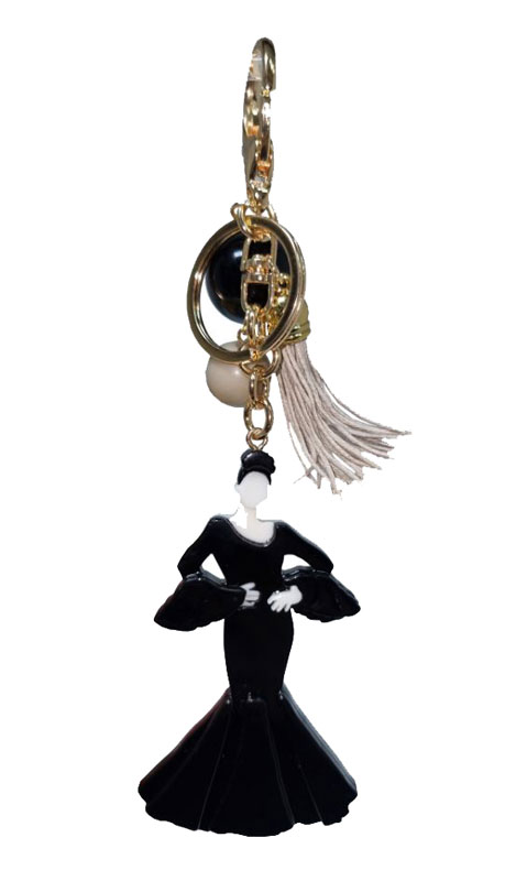 Llavero de Flamenca Traje Negro en Metacrilato con Bolitas y Fleco