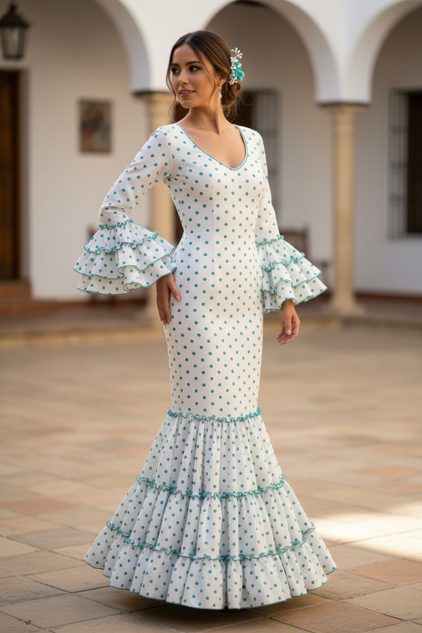 Size 34. Flamenco Dress Cordoba. White with Green Water Polka Dots