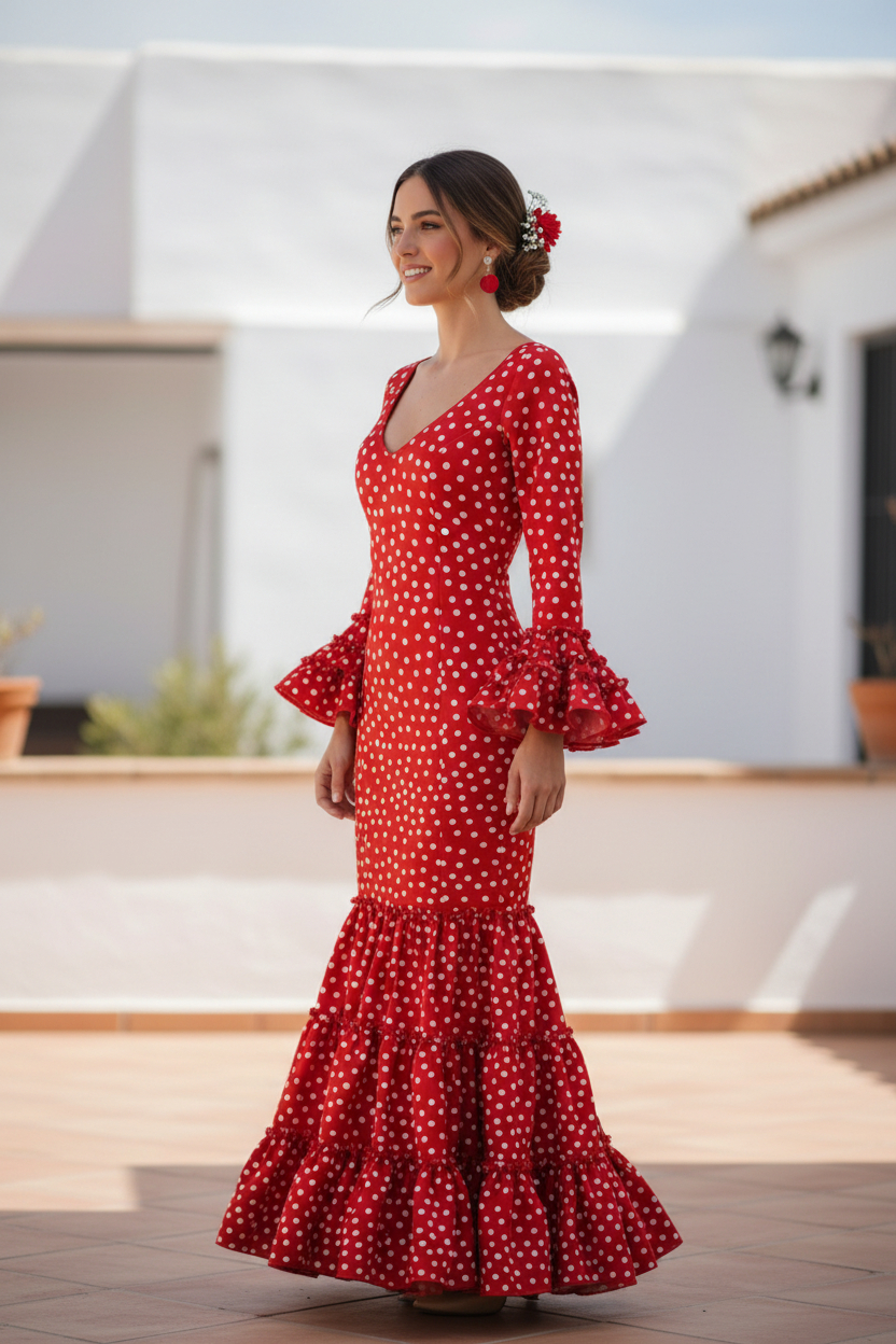 Taille 34. Robe Flamenco Modèle Cordoba. Rouge à Pois Blancs