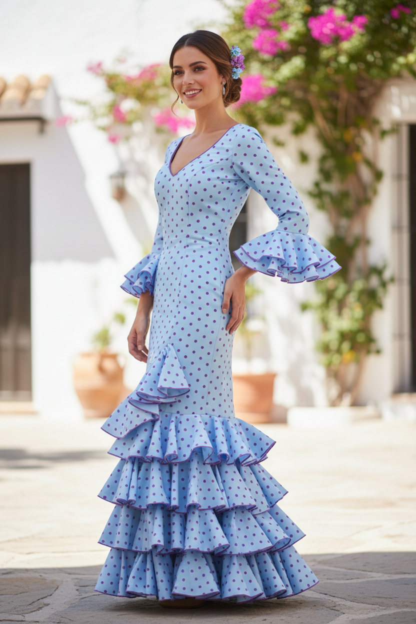 Taille 36. Robe de Flamenca Modèle Lolita. Bleu clair à pois fuchsia.