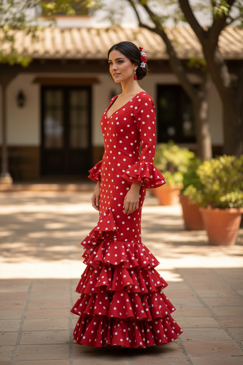 Taille 36. Robe de Flamenca Modèle Lolita. Rouge à pois blancs moyens.