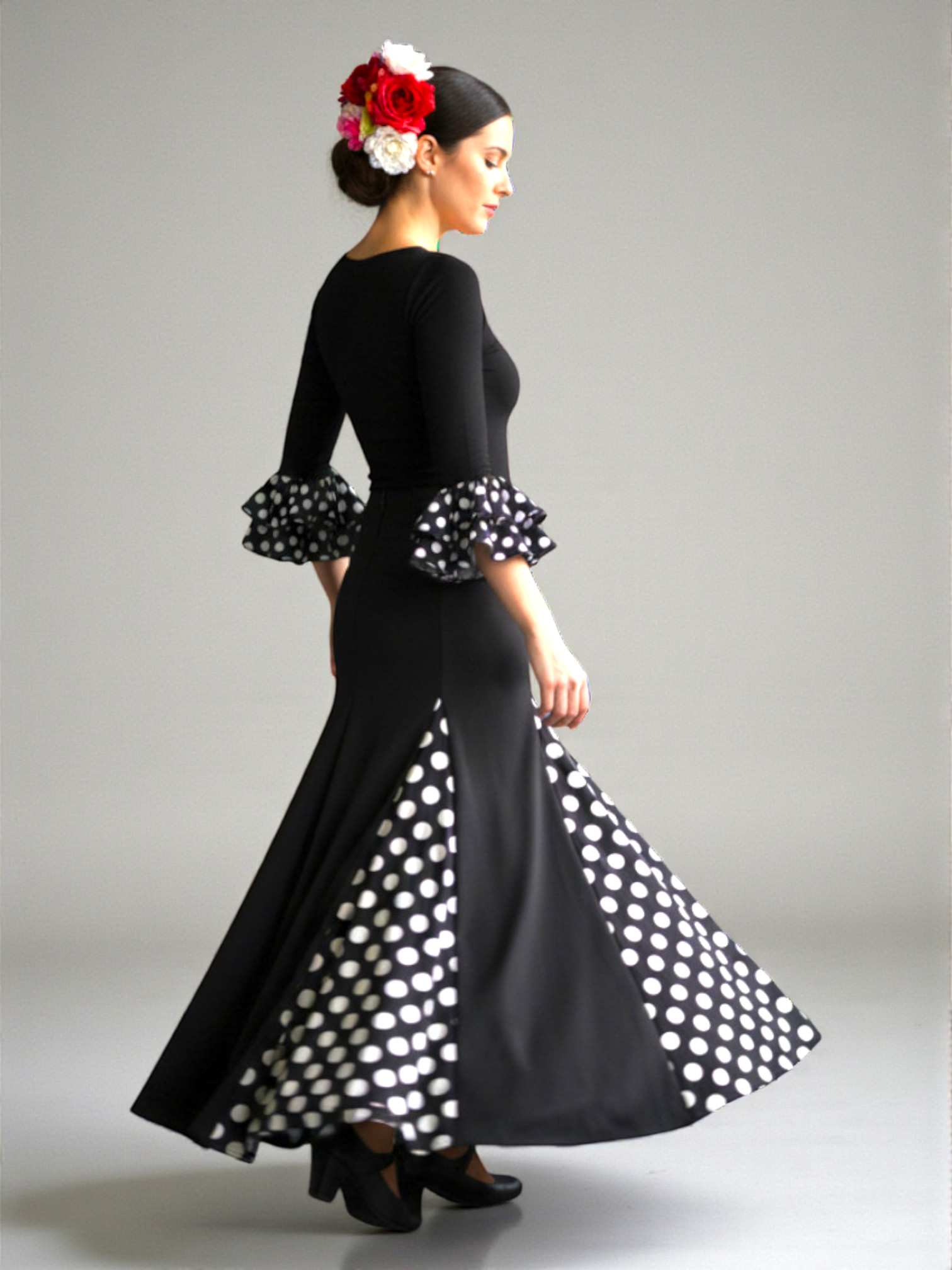 Falda Flamenca modelo Español. Negro Lunar Blanco 