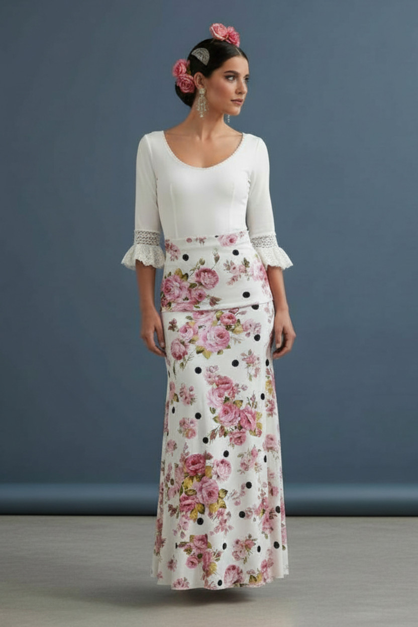 Falda Flamenca Estampada con Flores Rosas y Lunares Negros
