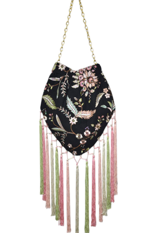 Bolso Negro Bordado con Lentejuelas y Flecos Pastel