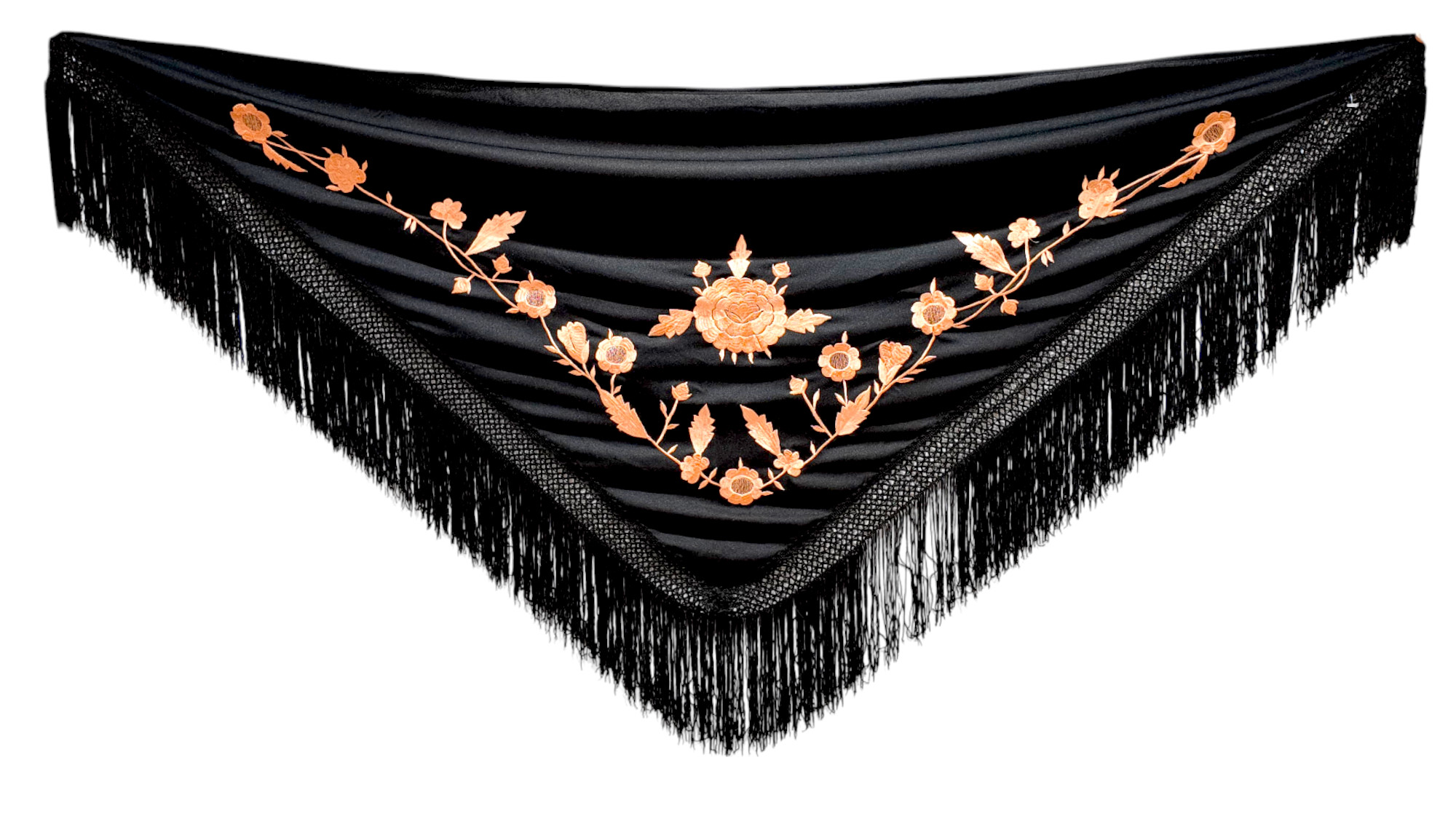 Petit Châle à Fond Noir et Broderie Saumon. Style Flamenco au Charme Doux