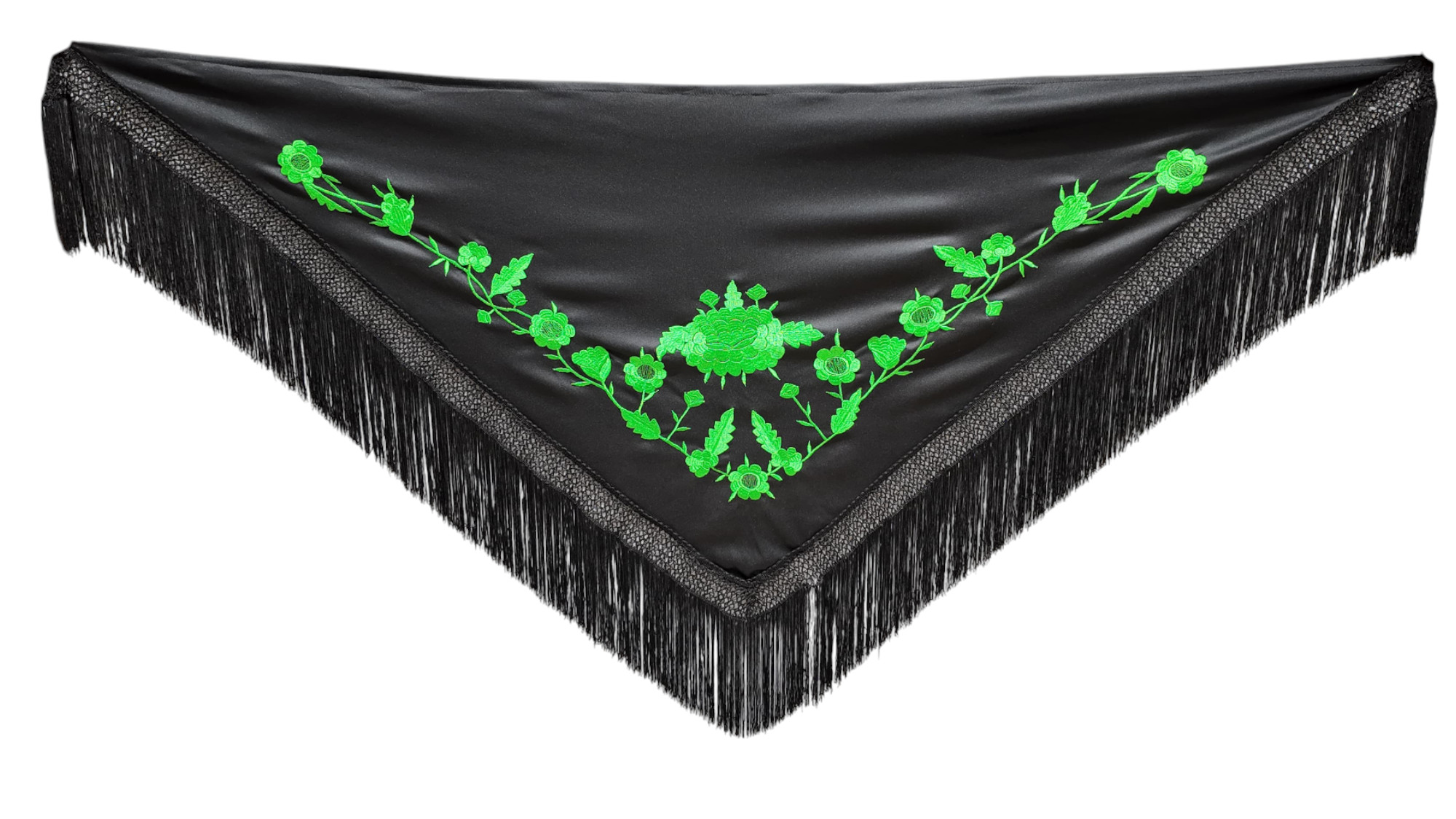Châle Andalou Noir avec Broderie Verte. Nature et Tradition en Harmonie
