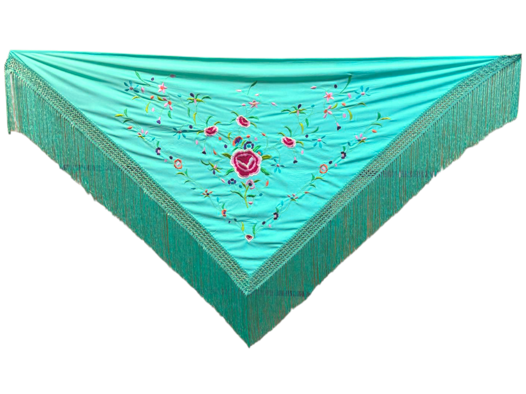 Economical embroidered shawl - aqua green embroidered in colors