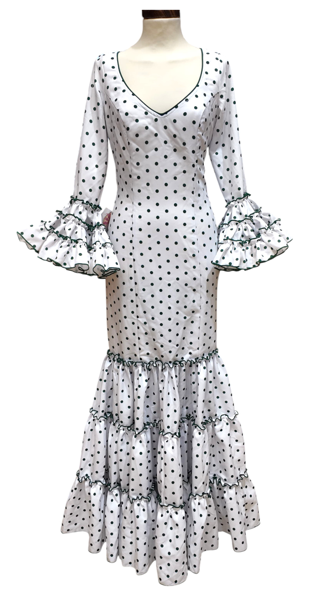 Talla 38. Traje de Flamenca Modelo Córdoba. Blanco con Lunares Verde Botella