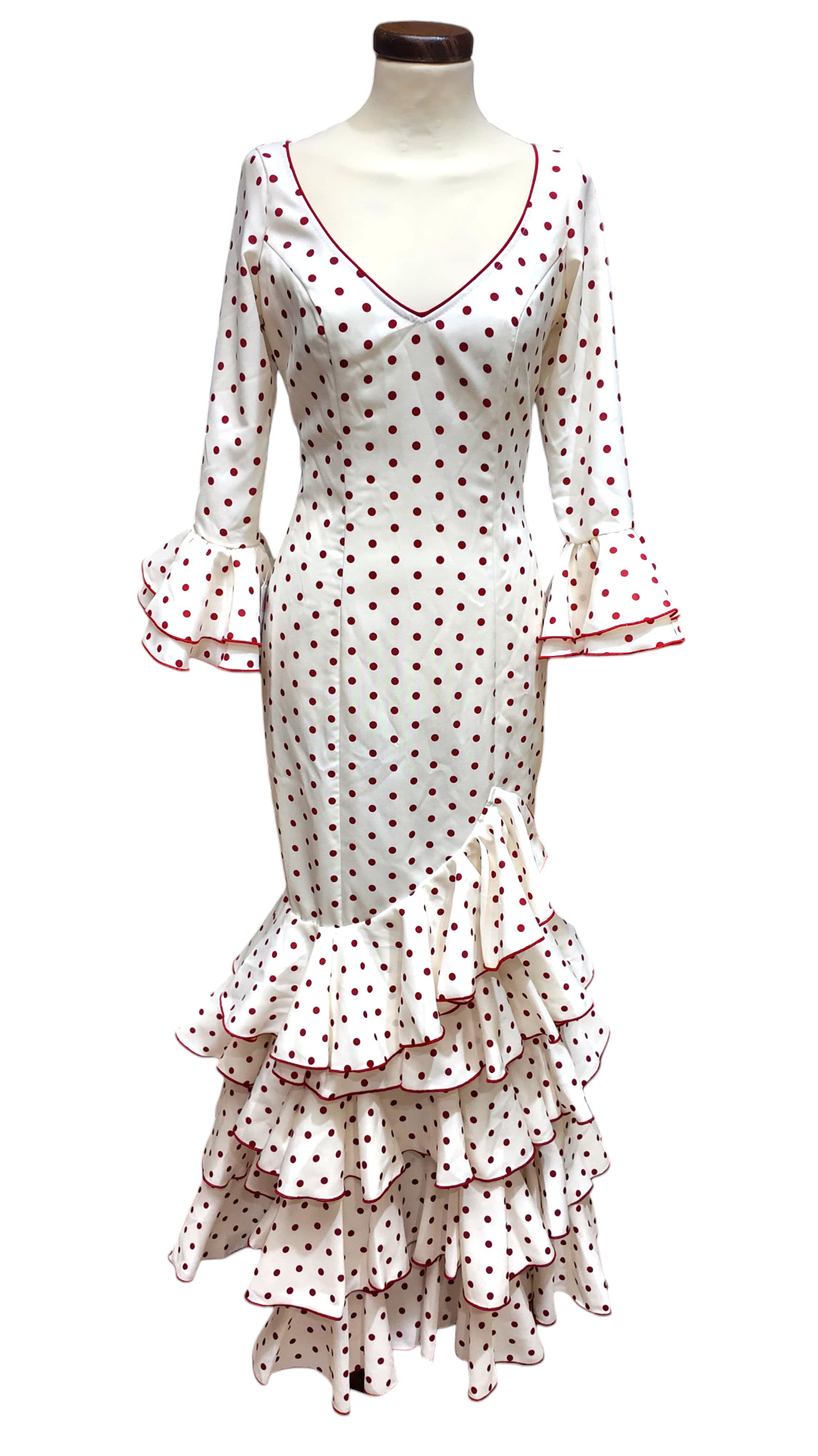 Size 42. Flamenco Dress Model Lolita. Beige Polka Dot Red