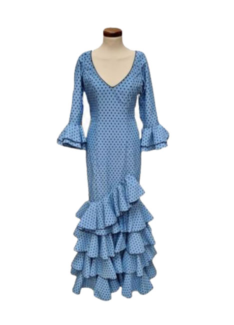 Talla 38. Vestido de Flamenca Modelo Lolita. Azul Claro Lunar Negro