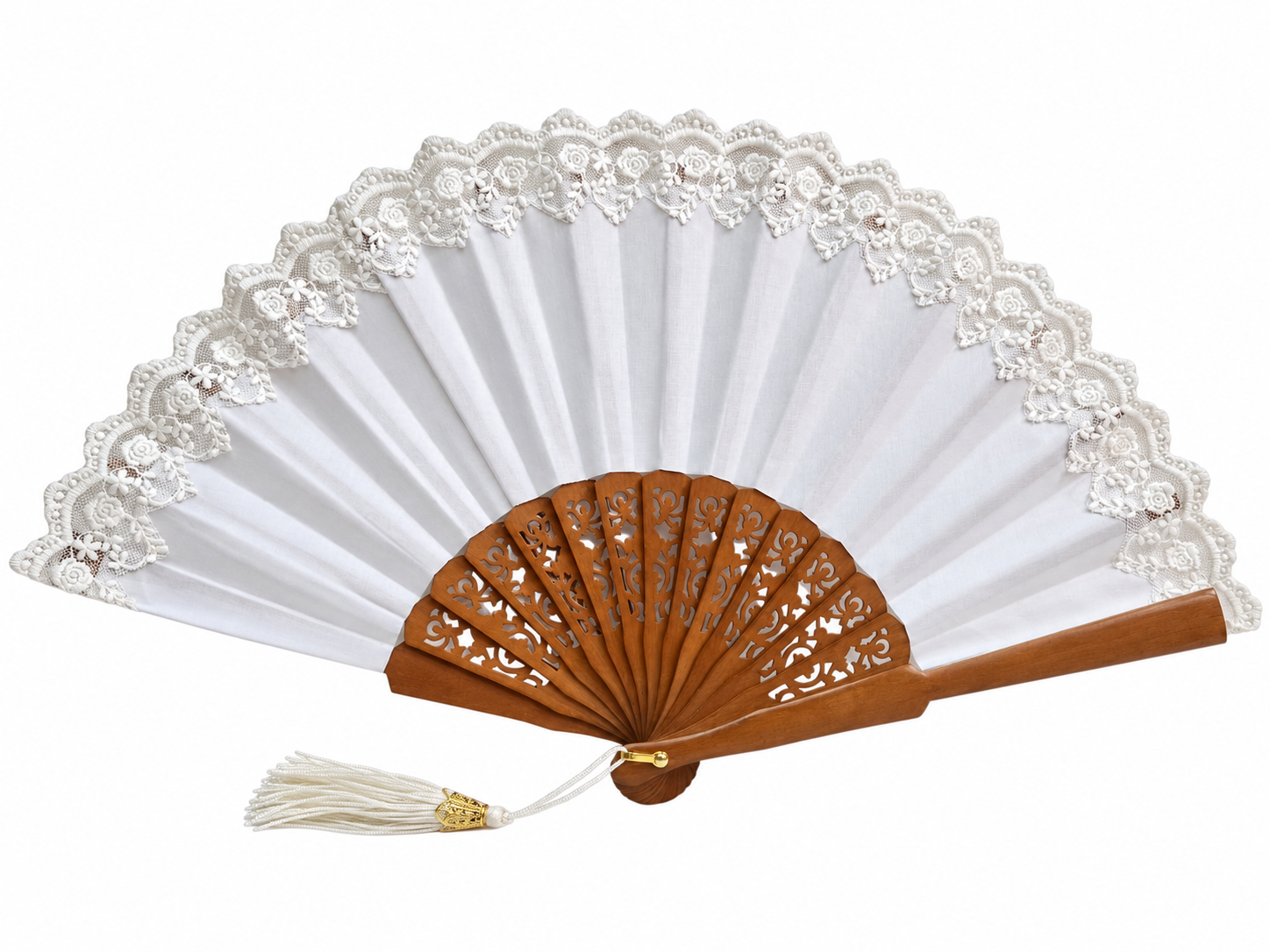 アイボリーのレースとヘーゼルナッツの彫刻木を使用した花嫁の扇子