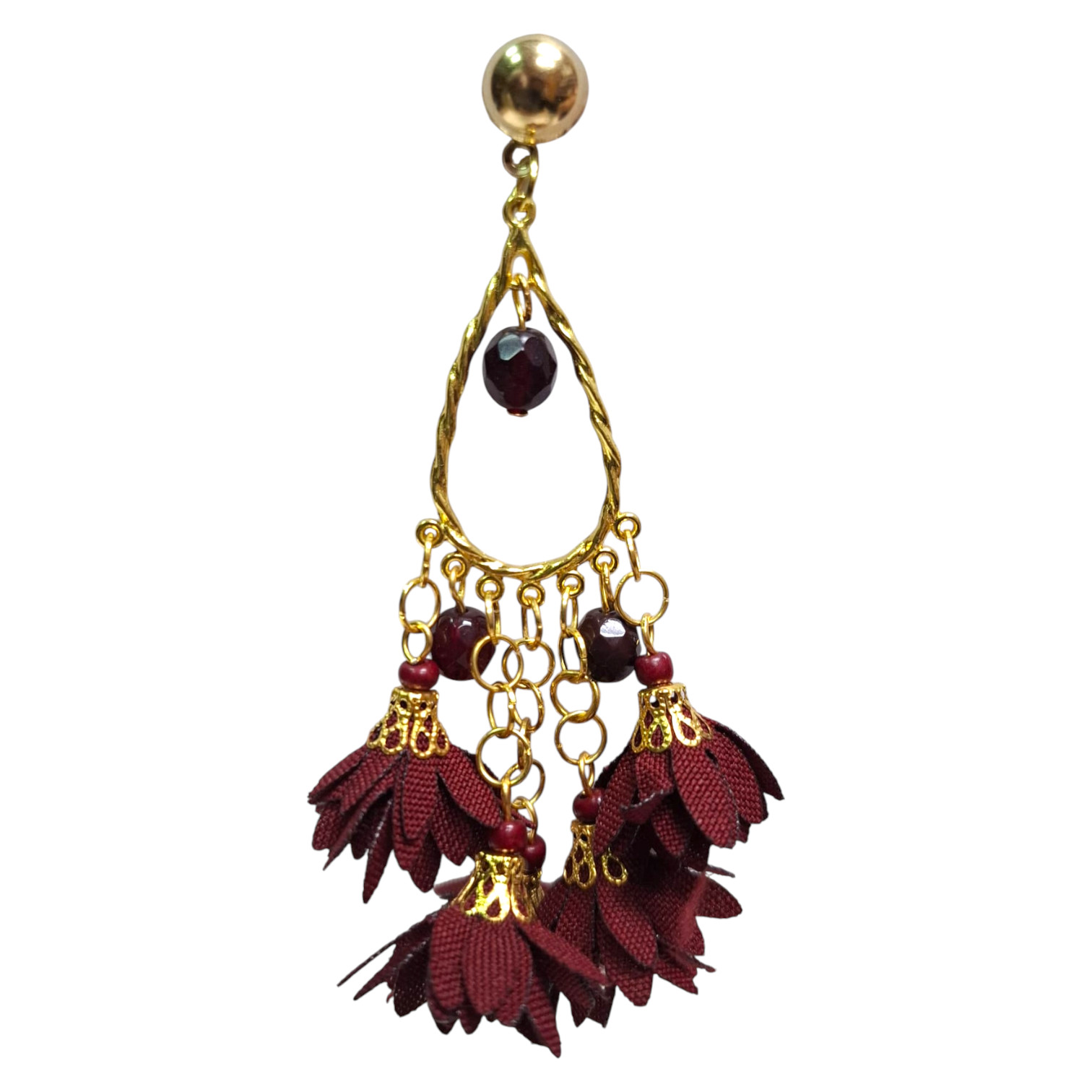 Pendientes de sevillana largos con flores tradicionales. Granate