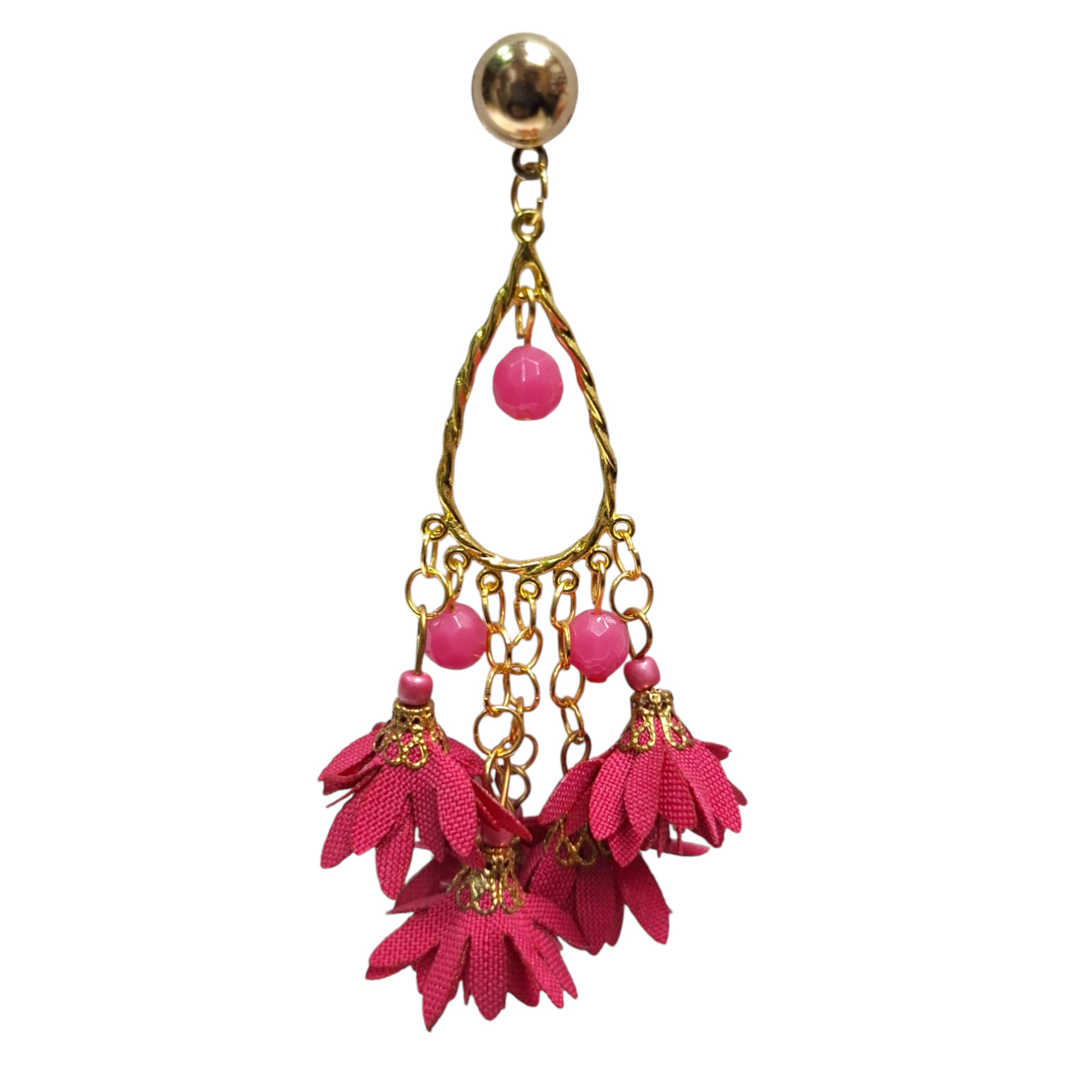 Pendientes de feria largos con flores artesanales. Fucsia