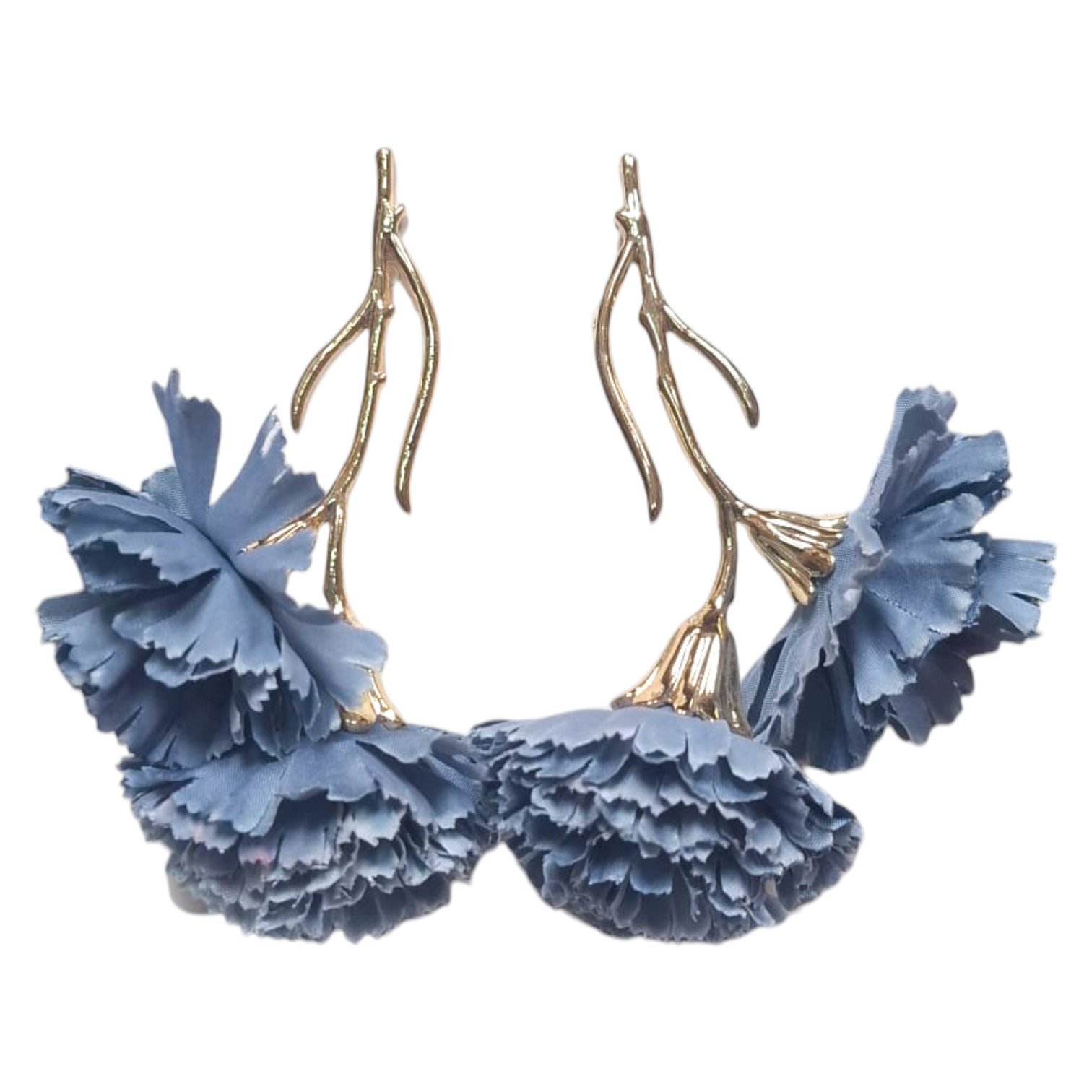 Pendientes de flamenca artesanales dorados con doble clavel azul ducado