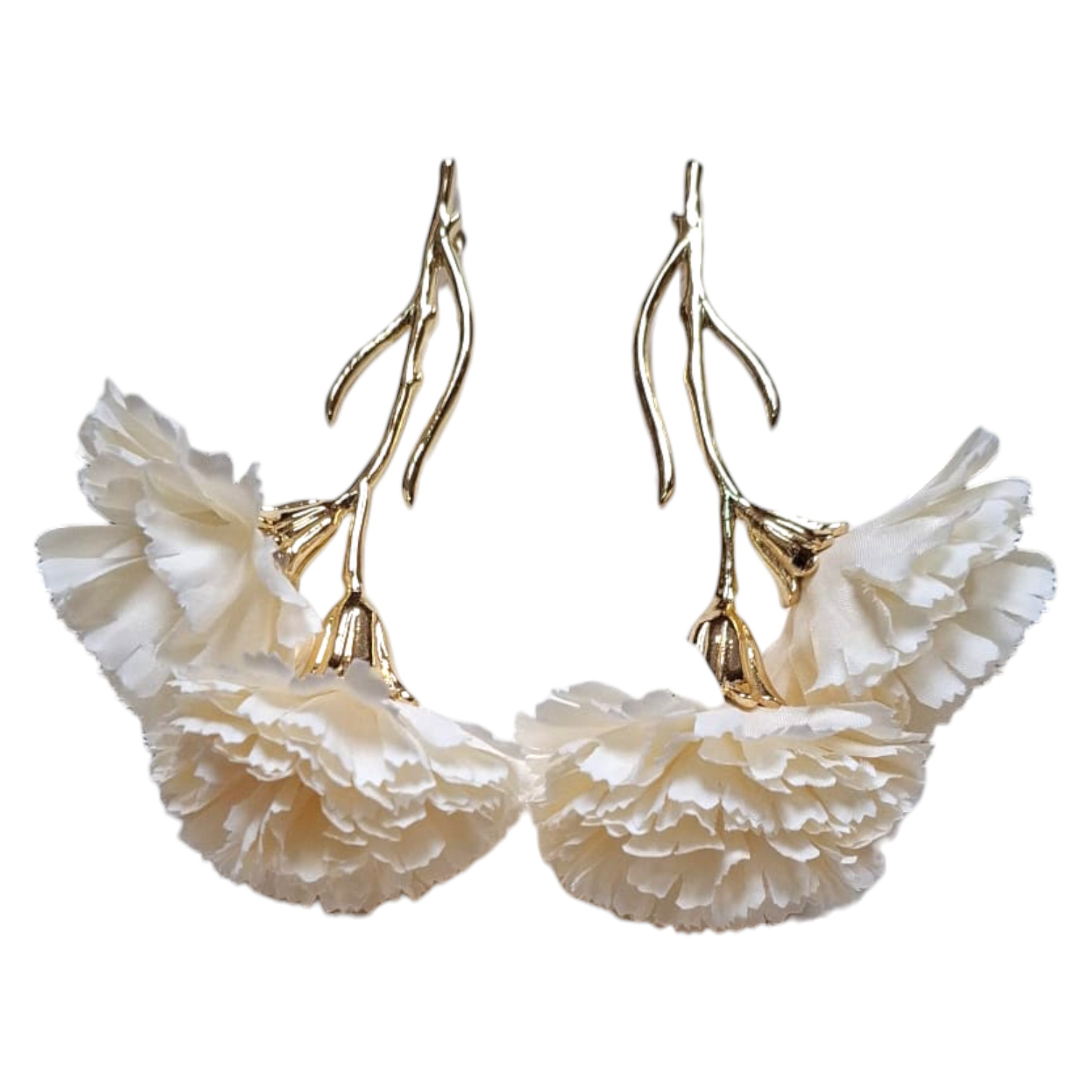 Pendientes flamenca tradicionales con 2 mini claveles marfil en rama dorada