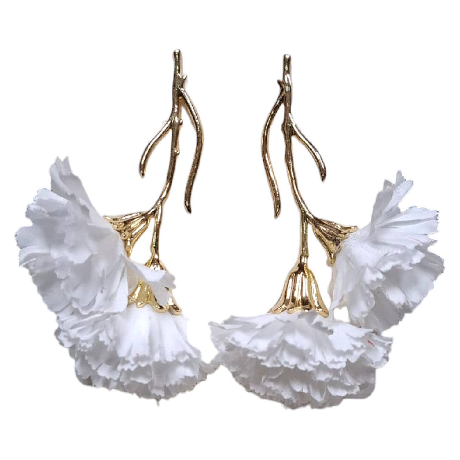 Pendientes de flamenca con 2 claveles pequeños blancos. Diseño floral