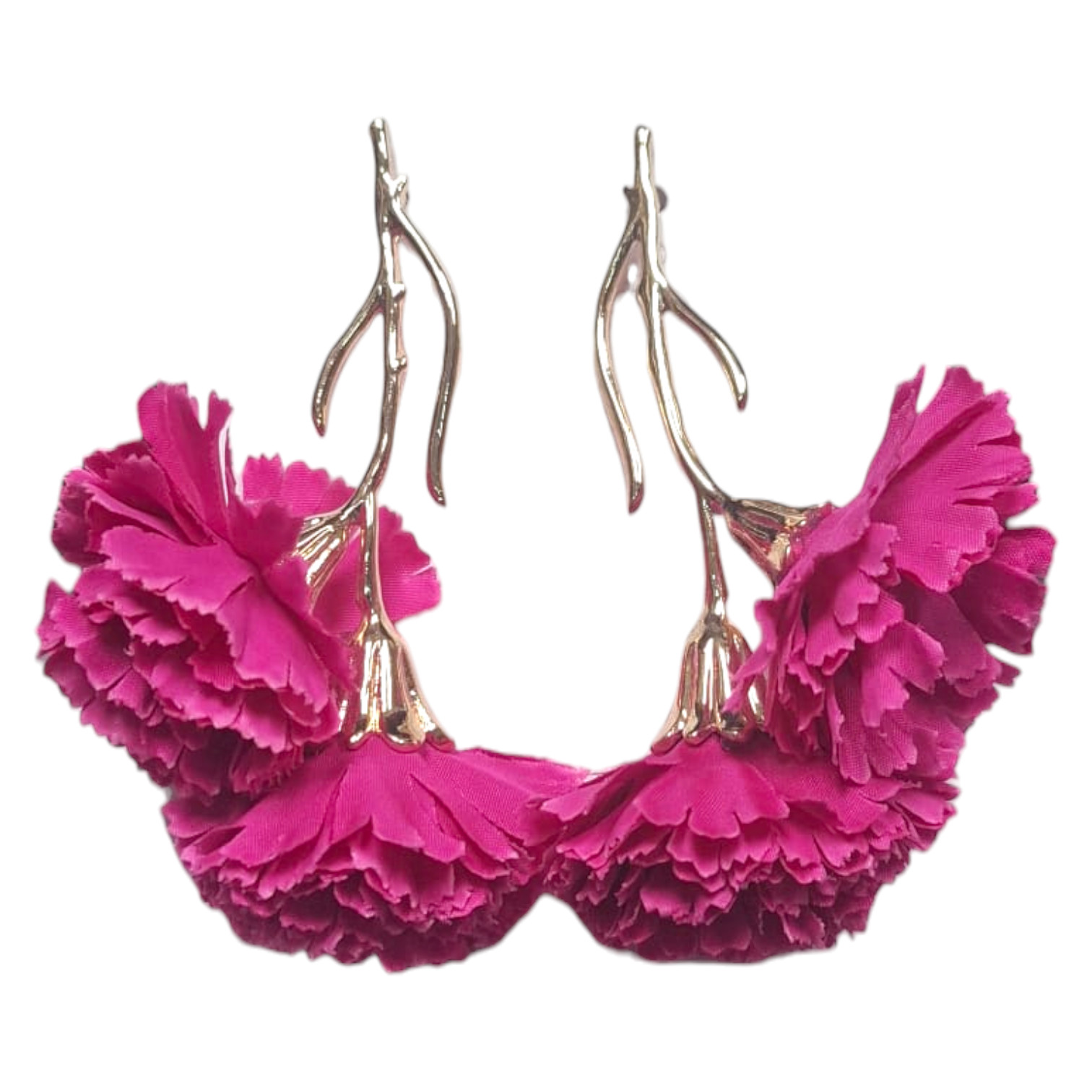 Pendientes flamenca con 2 claveles fucsias en rama dorada. Complemento flamenco