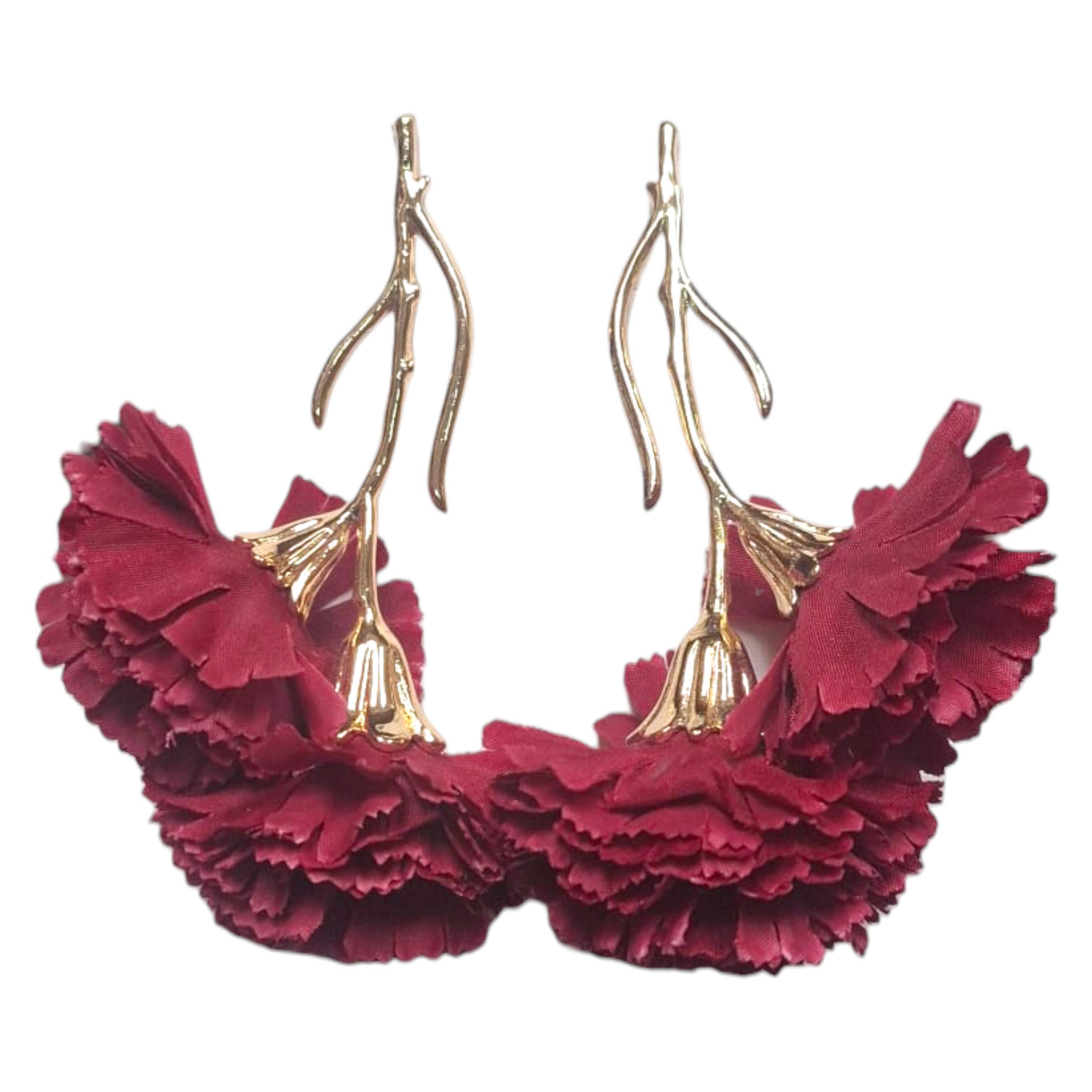 Pendientes flamenca mujer con clavel granate en rama dorada