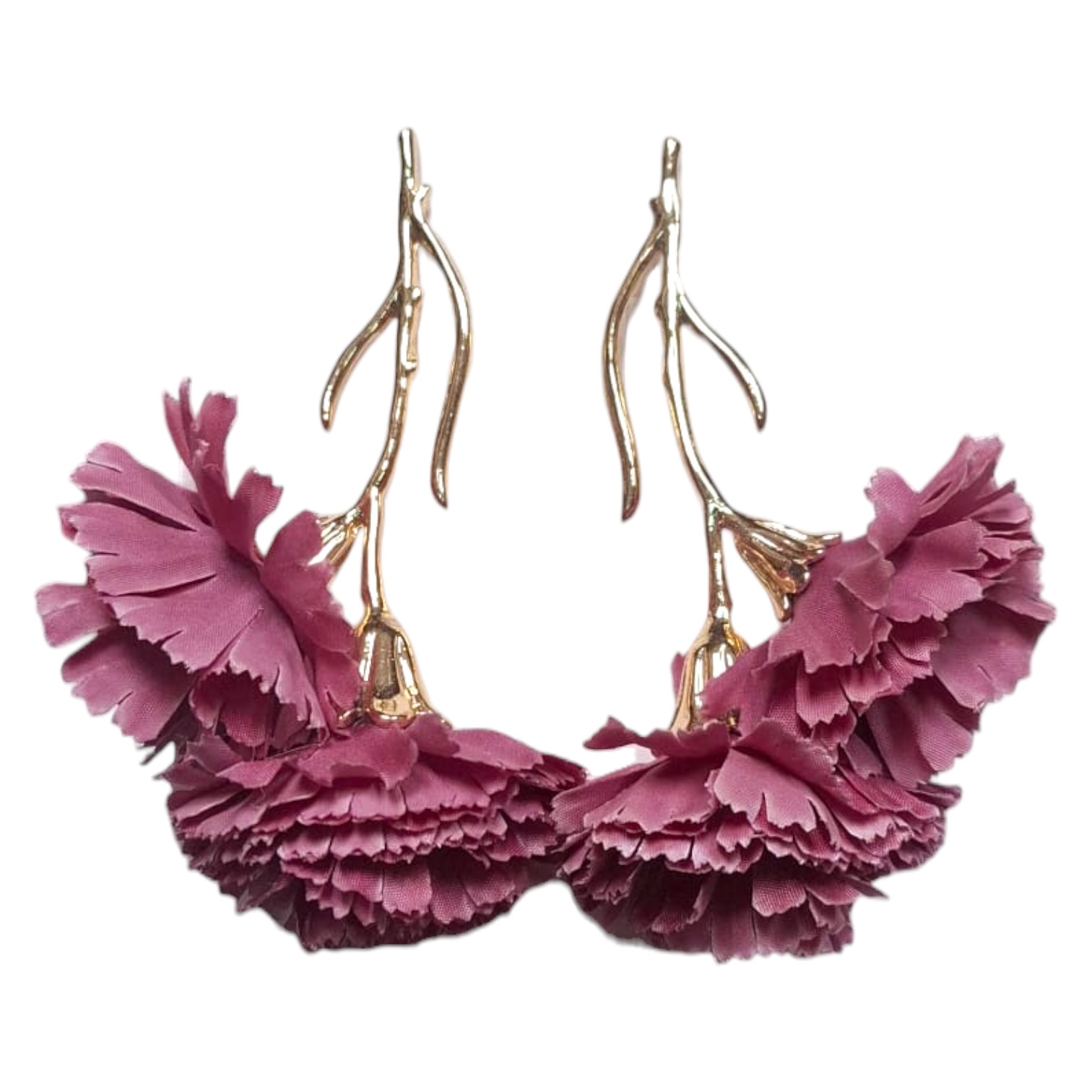 Pendientes de flamenca largos con 2 mini claveles rosa cuarzo. Complemento traje sevillana