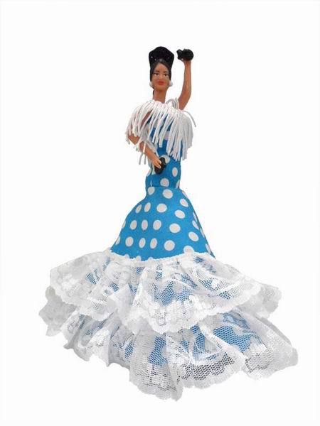 Flamenco Gipsy Doll with White Polka Dots Blue Dress. 20cm