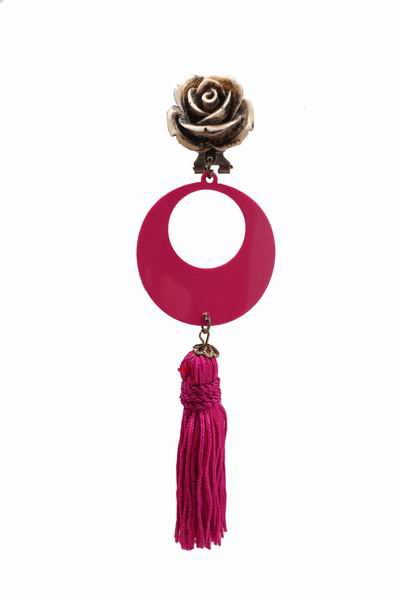 Pendientes de Flecos Fucsia Largos con Flor con Fornitura Beig